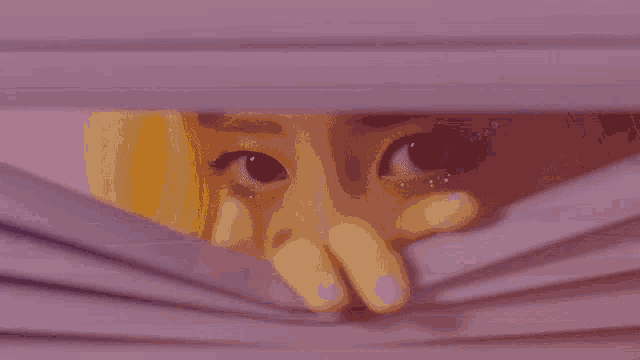 a close up of a woman 's eyes behind a purple blind