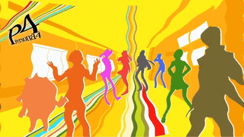 silhouettes of people are dancing in front of a yellow background that says p4 persona 4