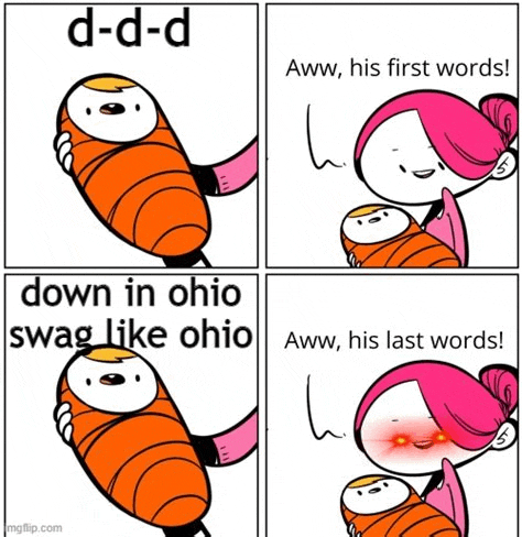 a cartoon of a woman holding a baby wrapped in an orange blanket that says down in ohio
