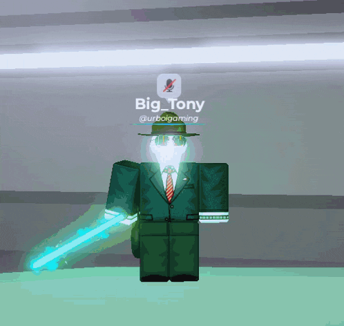 a roblox character named big tony is holding a blue light sword