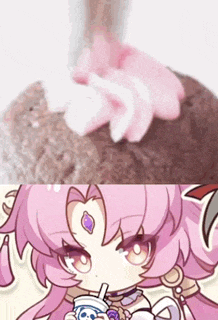 a close up of a cupcake with pink frosting next to a picture of a girl drinking a drink .