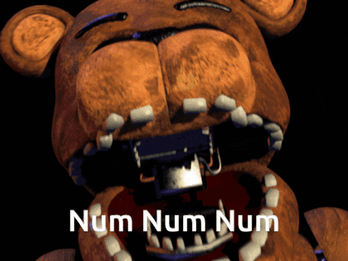 a teddy bear with its mouth open and the words num num num written below it