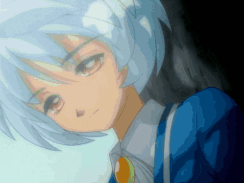a cartoon character with white hair and a blue suit