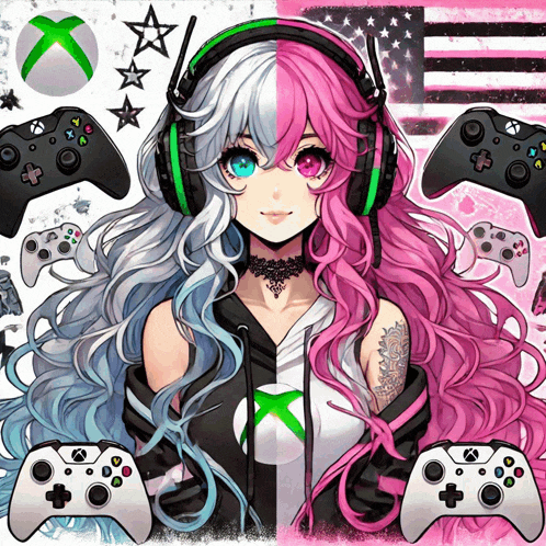 a girl with headphones and xbox controllers around her head