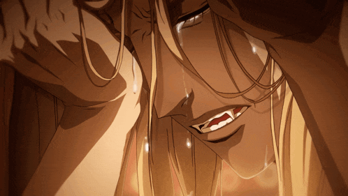 a cartoon character with long blonde hair and red teeth is crying