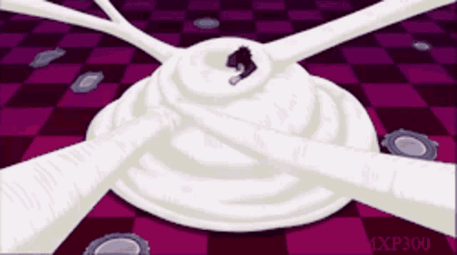 a purple and black checkered floor with a white object in the middle that says xp300