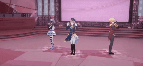 a group of anime characters are standing on a stage with the number 8 behind them