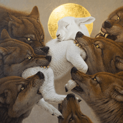 a painting of a sheep surrounded by wolves with a gold sun in the background