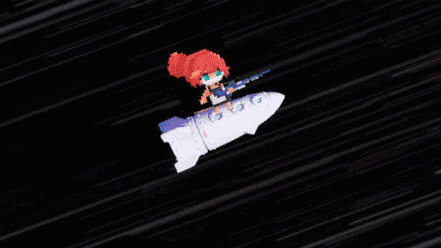 a pixel art of a girl riding a rocket with the words to the moon