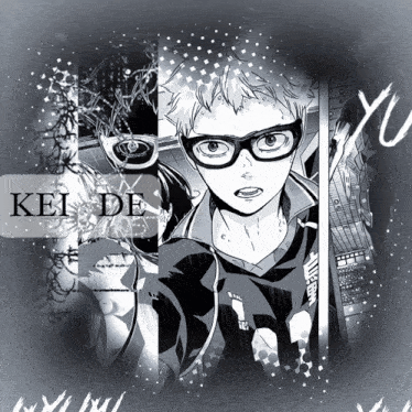 a black and white image of a boy with the name kei de