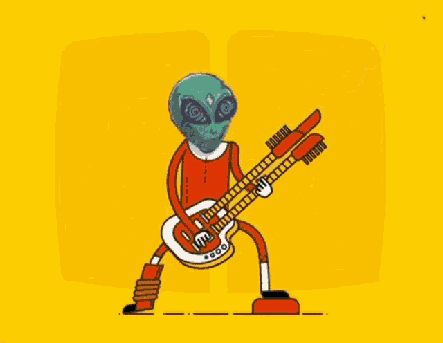 a cartoon of an alien playing a double neck guitar .