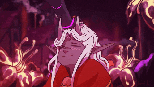 a drawing of a demon with long white hair