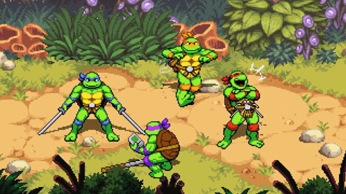 the teenage mutant ninja turtles are in a pixel art scene