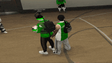 a man in a green shirt is standing next to another man with a backpack