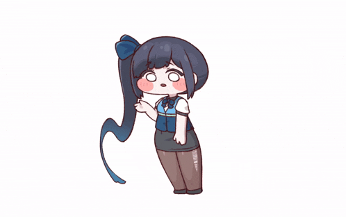 a cartoon drawing of a girl with blue hair and a blue bow