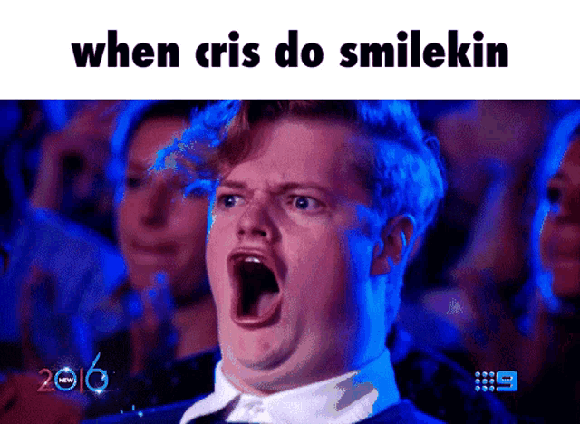 a picture of a man with his mouth open and the words when cris do smilekin above him