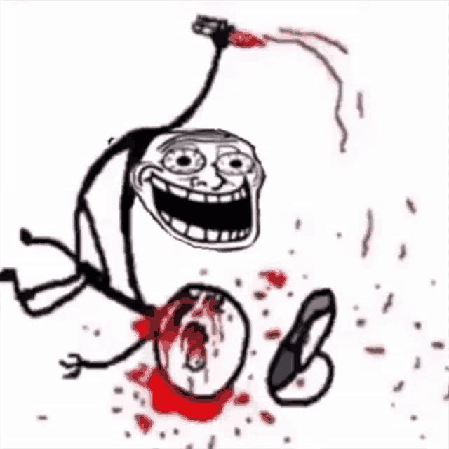 a cartoon of a troll with blood coming out of his mouth and a knife .