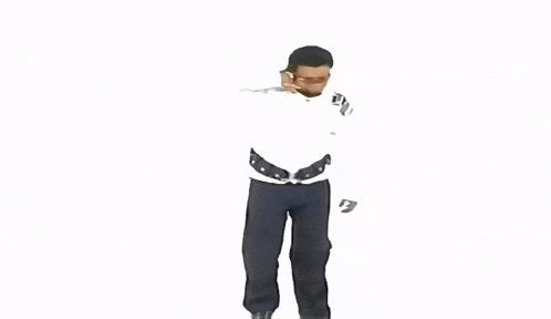 a man wearing a white shirt and black pants with the letter u on it