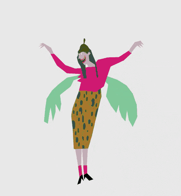 a cartoon drawing of a woman in a pink sweater and green skirt with her arms outstretched