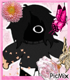 a picture of a cartoon character with flowers and butterflies and the word picmix on the bottom