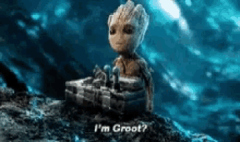 groot from guardians of the galaxy is sitting on a rock holding a briefcase and asking if he is groot ?