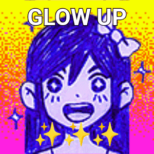 a drawing of a girl with blue hair and the words `` glow up '' .