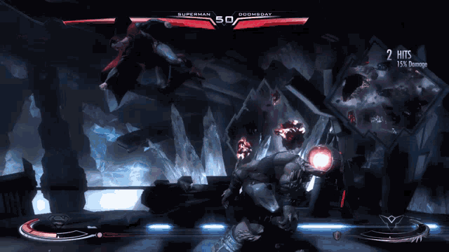 a video game shows superman and doomsday fighting