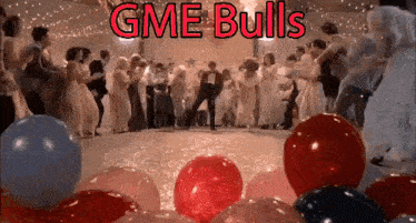 a group of people are dancing in a room with balloons and the words gme bulls