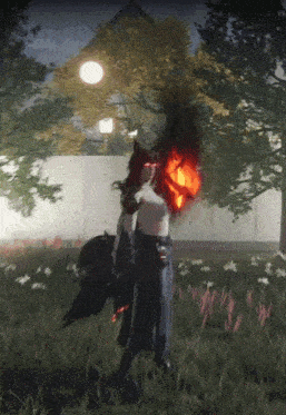 a woman with red eyes is standing in a field of grass