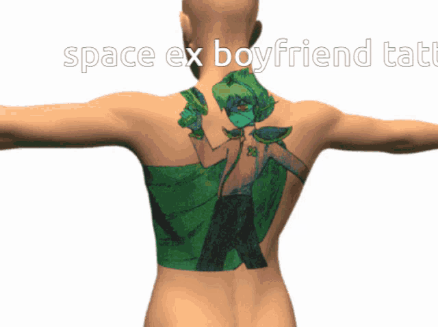 a man has a tattoo on his back that says " space ex boyfriend "