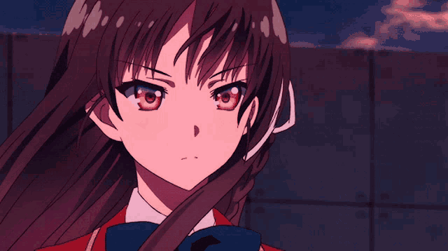 a girl with braided hair and red eyes has a letter p on her head