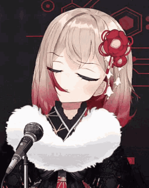 a girl in a fur coat is standing in front of a microphone with her eyes closed .