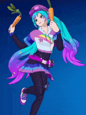 a girl with a microphone on her head is holding a carrot in her hand