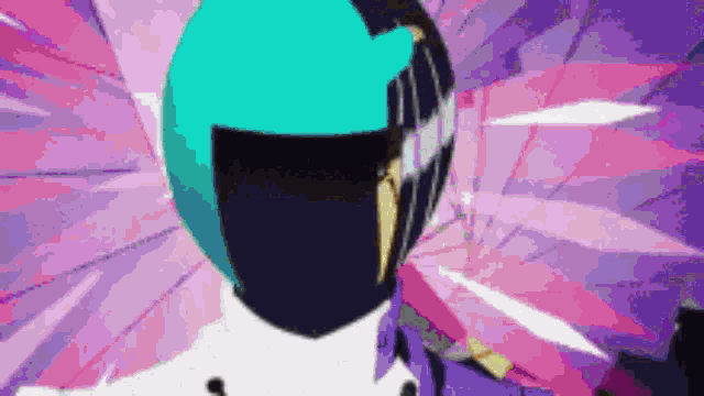 a person with a helmet on their head is standing in front of a pink background .