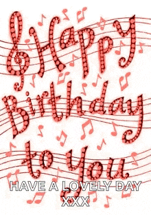 a happy birthday greeting card with music notes and a treble clef