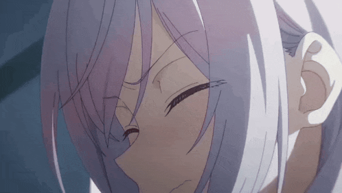 a close up of a girl with purple hair