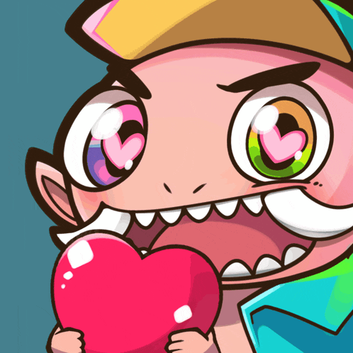 a cartoon character is holding a red heart in his mouth