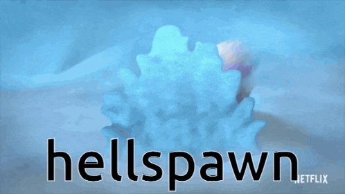 the word hellspawn is on a blue background with three cartoon characters