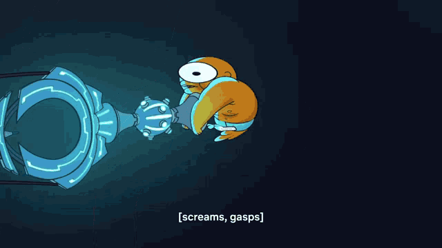 a cartoon character screams gasps in front of a blue object