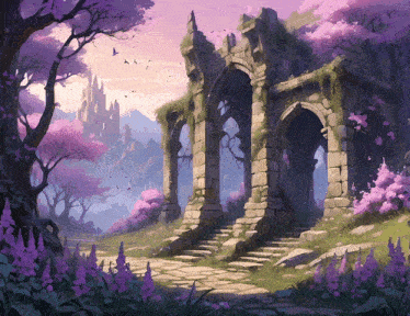 a painting of a stone archway with purple flowers in front of a castle