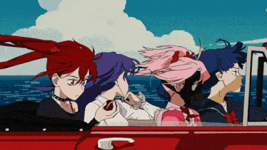a group of anime characters are sitting in a car near the ocean