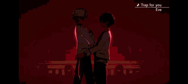 a couple of anime characters standing next to each other with the words trap for you eve on the bottom .