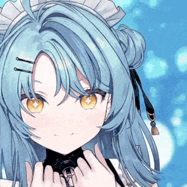a close up of a anime girl with blue hair