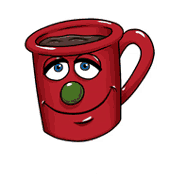 a cartoon drawing of a red coffee cup with a green nose and the word danke below it