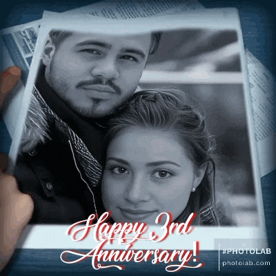 a black and white photo of a man and a woman with the words happy 3rd anniversary