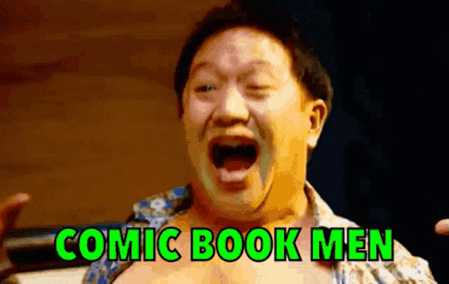 a man with his mouth open and the words comic book men written on his chest