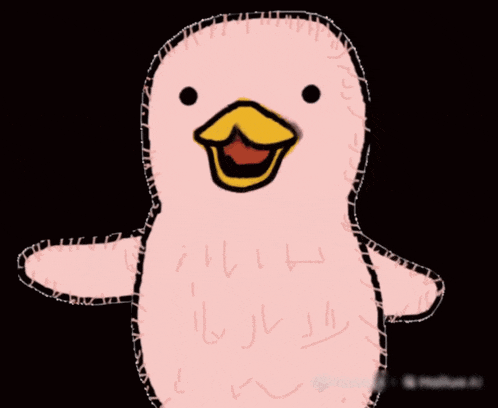 a drawing of a pink penguin with a yellow beak and a pink heart in its mouth
