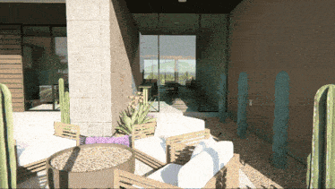 an artist 's impression of a patio with cactus and a fire pit