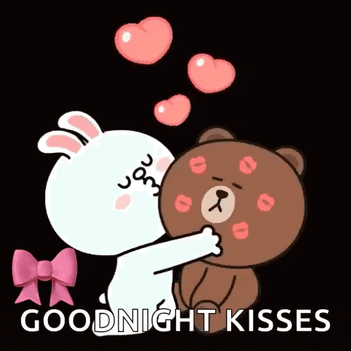 a cartoon of a rabbit and a bear kissing with the words goodnight kisses written below them