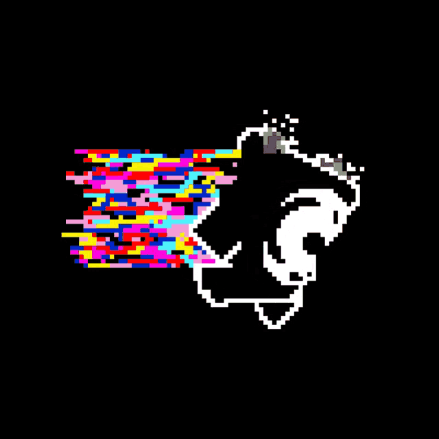 a pixel art of a cartoon character with a rainbow of colors coming out of it 's eyes .